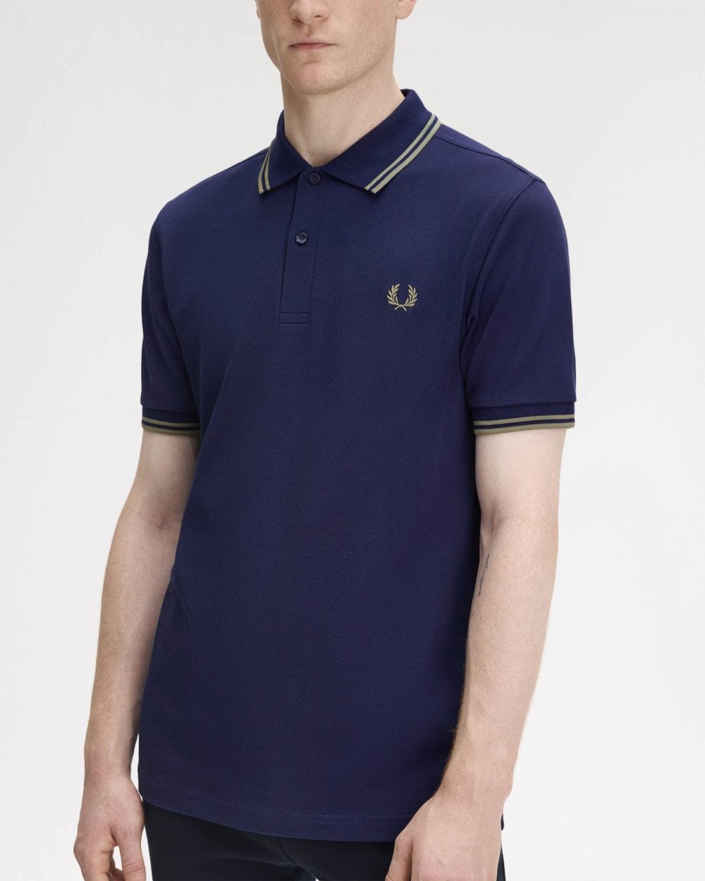 Fred Perry Mens Twin Tipped Signature Polo Shirt Pre A/W 25 - French Navy/Olive Mint Y59