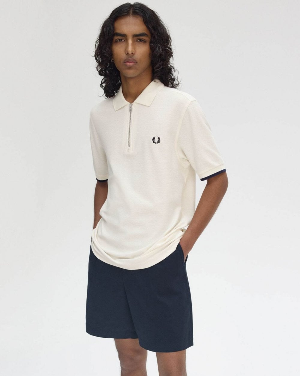 Fred Perry Mens Crepe Pique Zip Neck Polo Shirt - Ecru 560