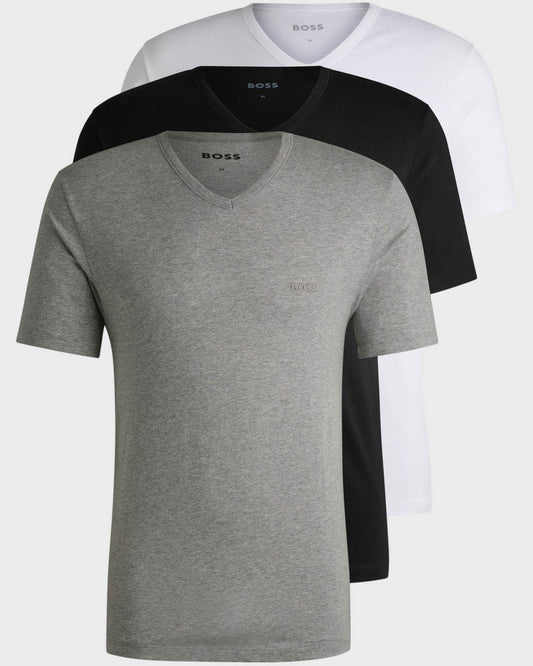BOSS Orange 3-Pack Mens V-Neck Underwear T-Shirts in Cotton Jersey - White/Grey/Black 999