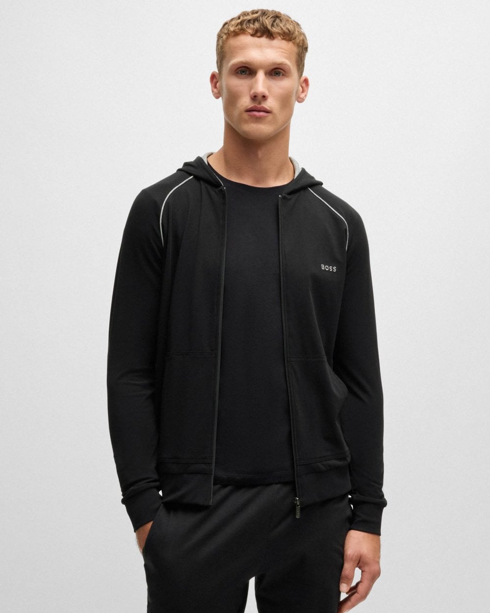 BOSS Orange Mix&Match Mens Stretch-Cotton Zip-Up Hoodie with Embroidered Logo - Black 001