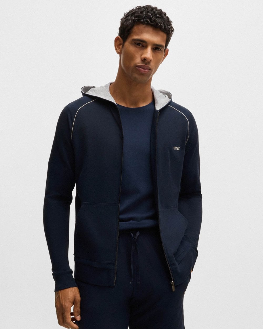 BOSS Orange Mix&Match Mens Stretch-Cotton Zip-Up Hoodie with Embroidered Logo - Dark Blue 403