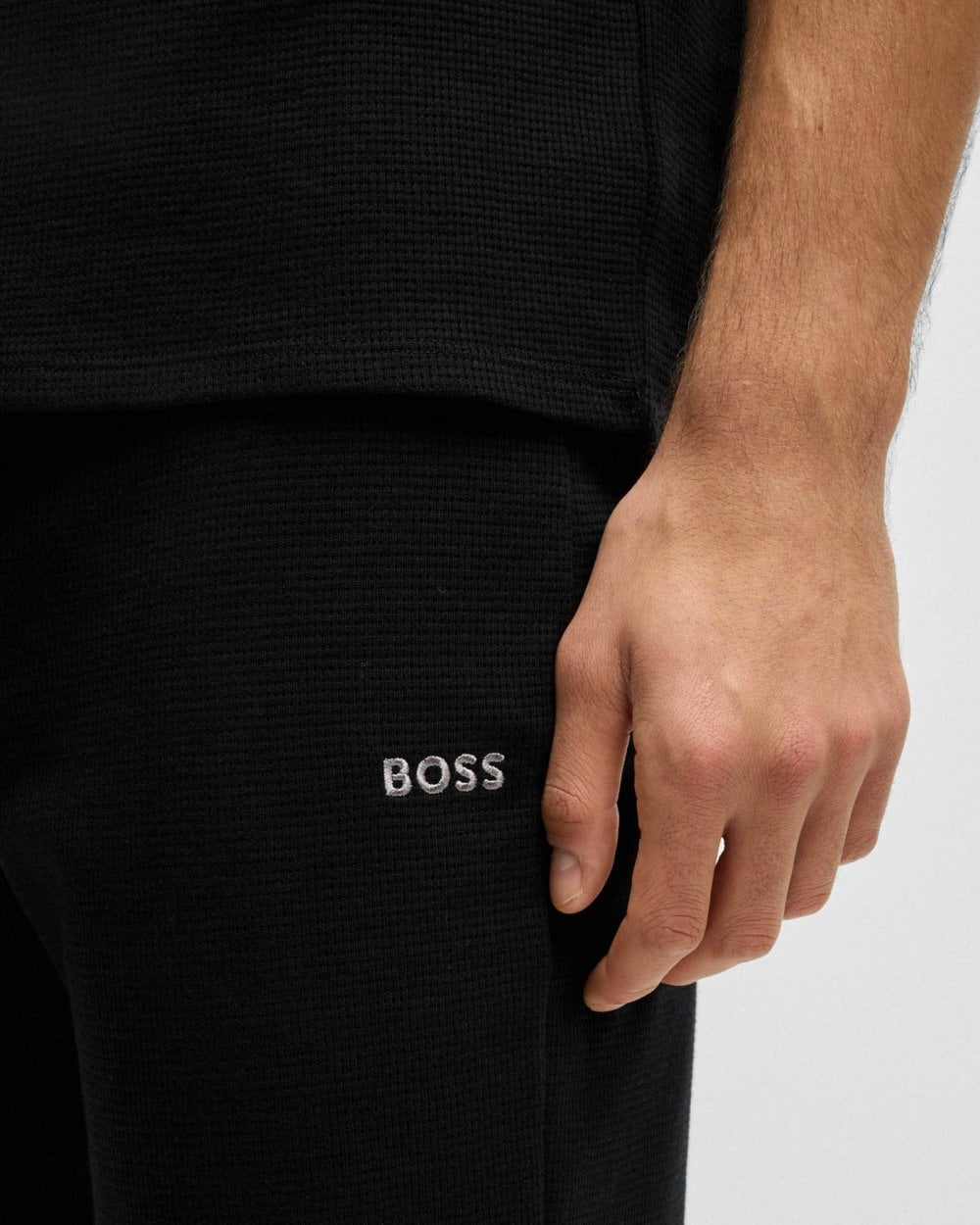 BOSS Orange Waffle Mens Cotton-Blend Pyjama Bottoms with Embroidered Logo - Black 001