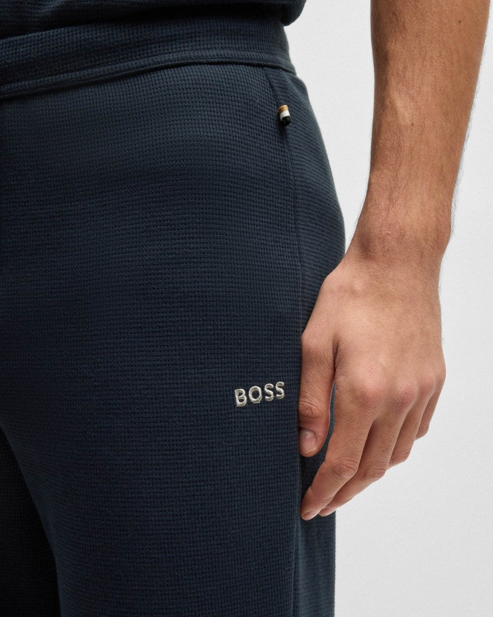 BOSS Orange Waffle Mens Cotton-Blend Pyjama Bottoms with Embroidered Logo - Dark Blue 403