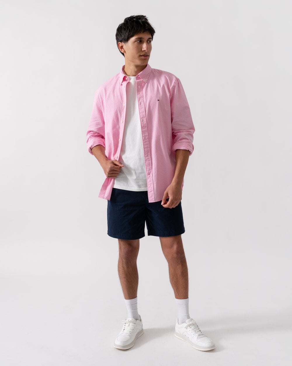 Tommy Hilfiger Flex Poplin Gingham Long Sleeve Mens Shirt - Classic Pink / Optic White