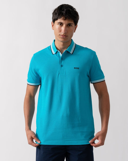 BOSS Green Paddy Mens Cotton-Piqué Polo Shirt with Contrast Logo - Light/Pastel Blue 452