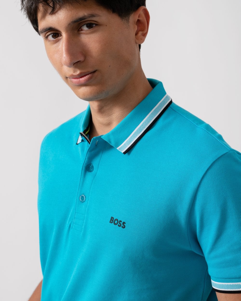 BOSS Green Paddy Mens Cotton-Piqué Polo Shirt with Contrast Logo - Light/Pastel Blue 452