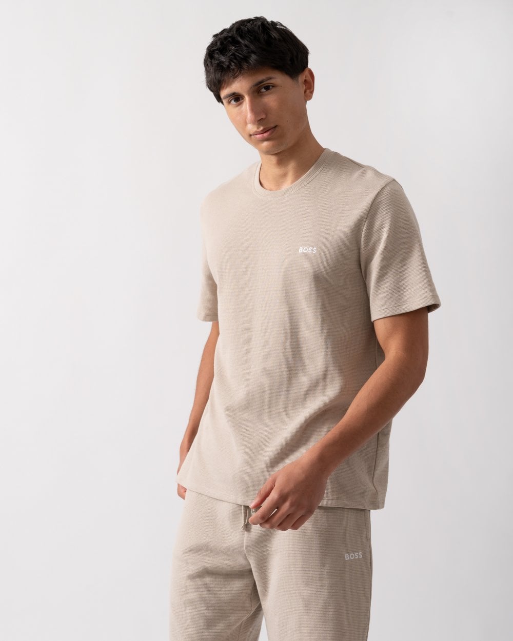 BOSS Orange Waffle Mens Cotton-Blend Pyjama T-Shirt with Embroidered Logo
