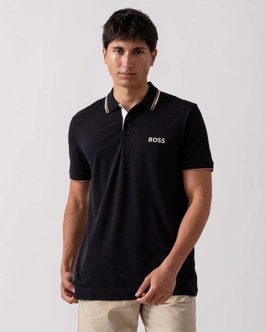 BOSS Green Paddy Pro Mens Cotton Blend Polo Shirt With Contrast Logos - Black 009