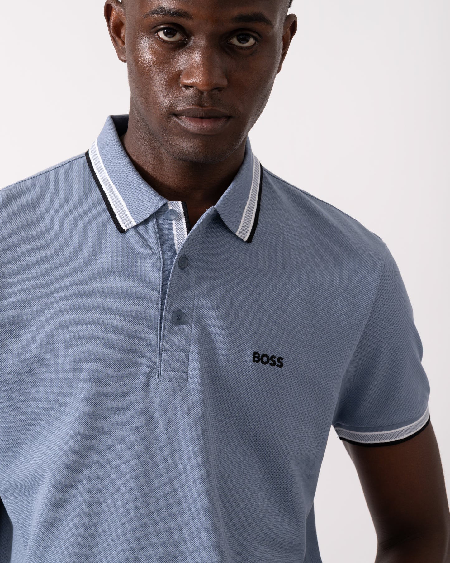 BOSS Green Paddy Mens Cotton-Piqué Polo Shirt with Contrast Logo - Open Blue 490