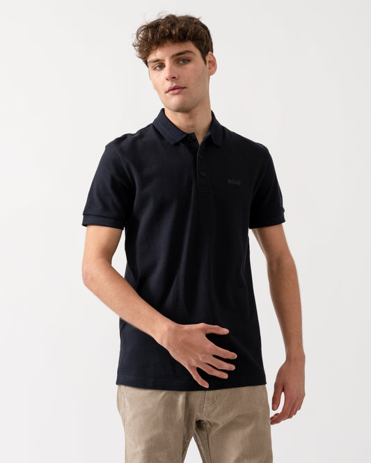 BOSS Green Paddy Mens Cotton-Piqué Polo Shirt with Contrast Logo - Navy 411