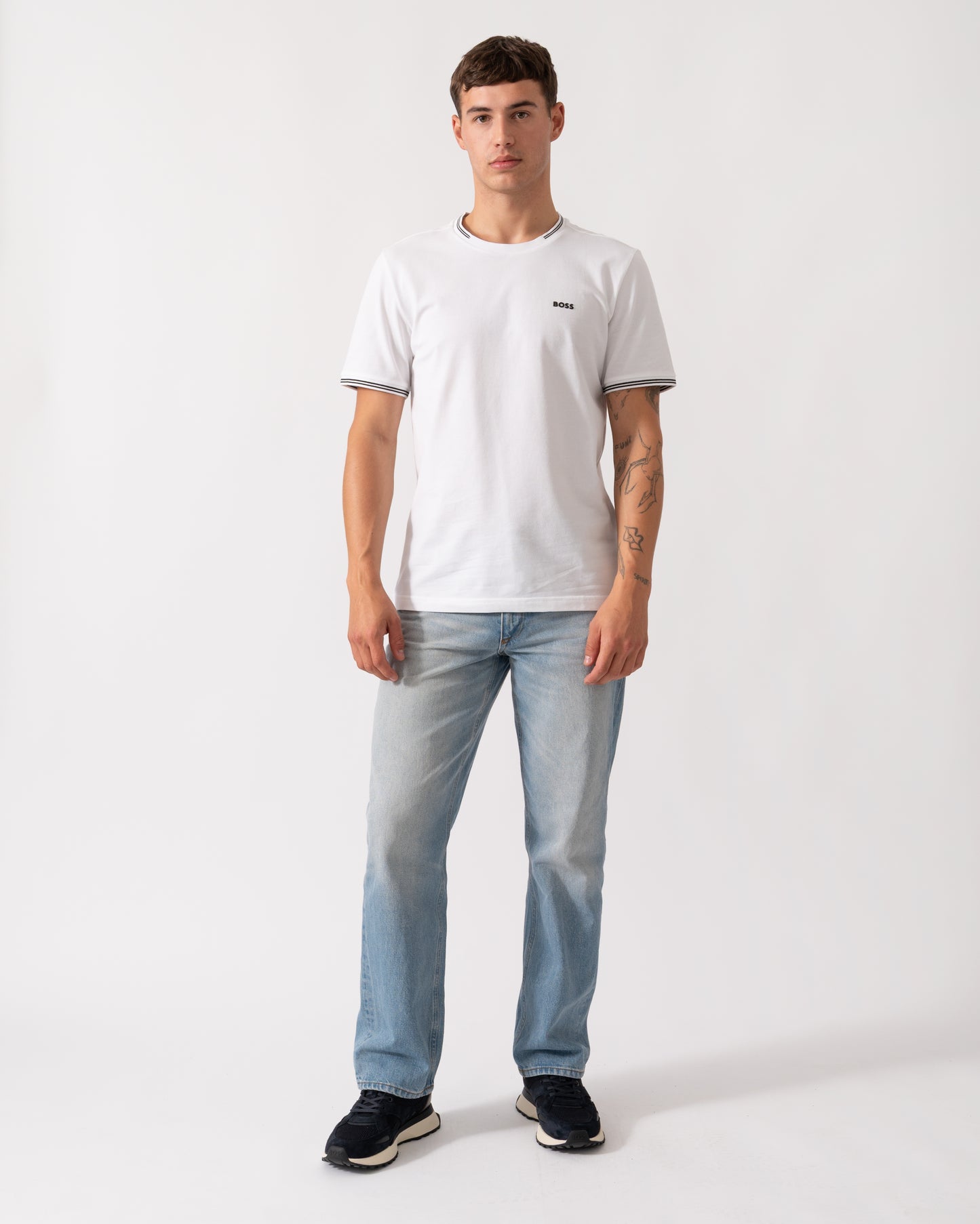 BOSS Green Taul Mens Stretch-Cotton T-Shirt with Stripes and Logo - White 100