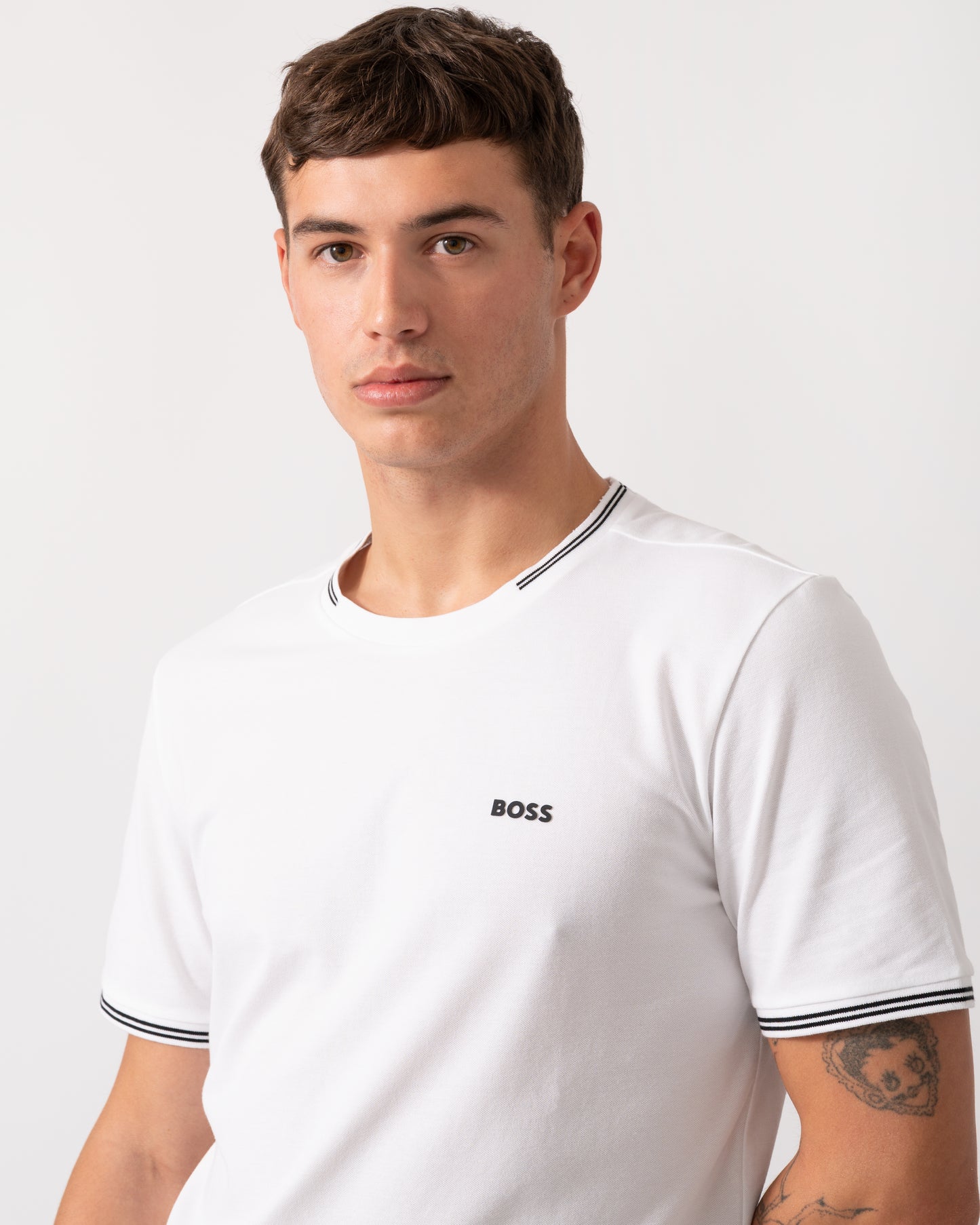 BOSS Green Taul Mens Stretch-Cotton T-Shirt with Stripes and Logo - White 100