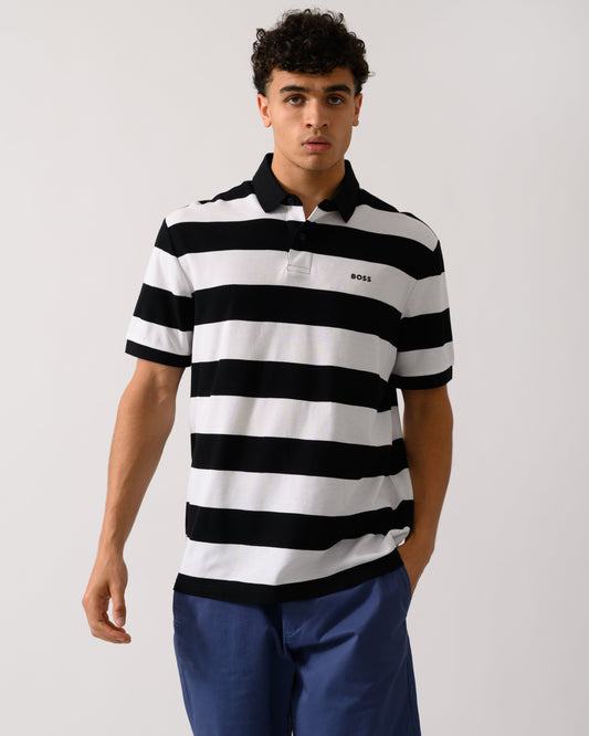 BOSS Orange Pales Stripe Mens Relaxed-Fit Cotton Piqué Polo Shirt with Horizontal Stripes - Black 001