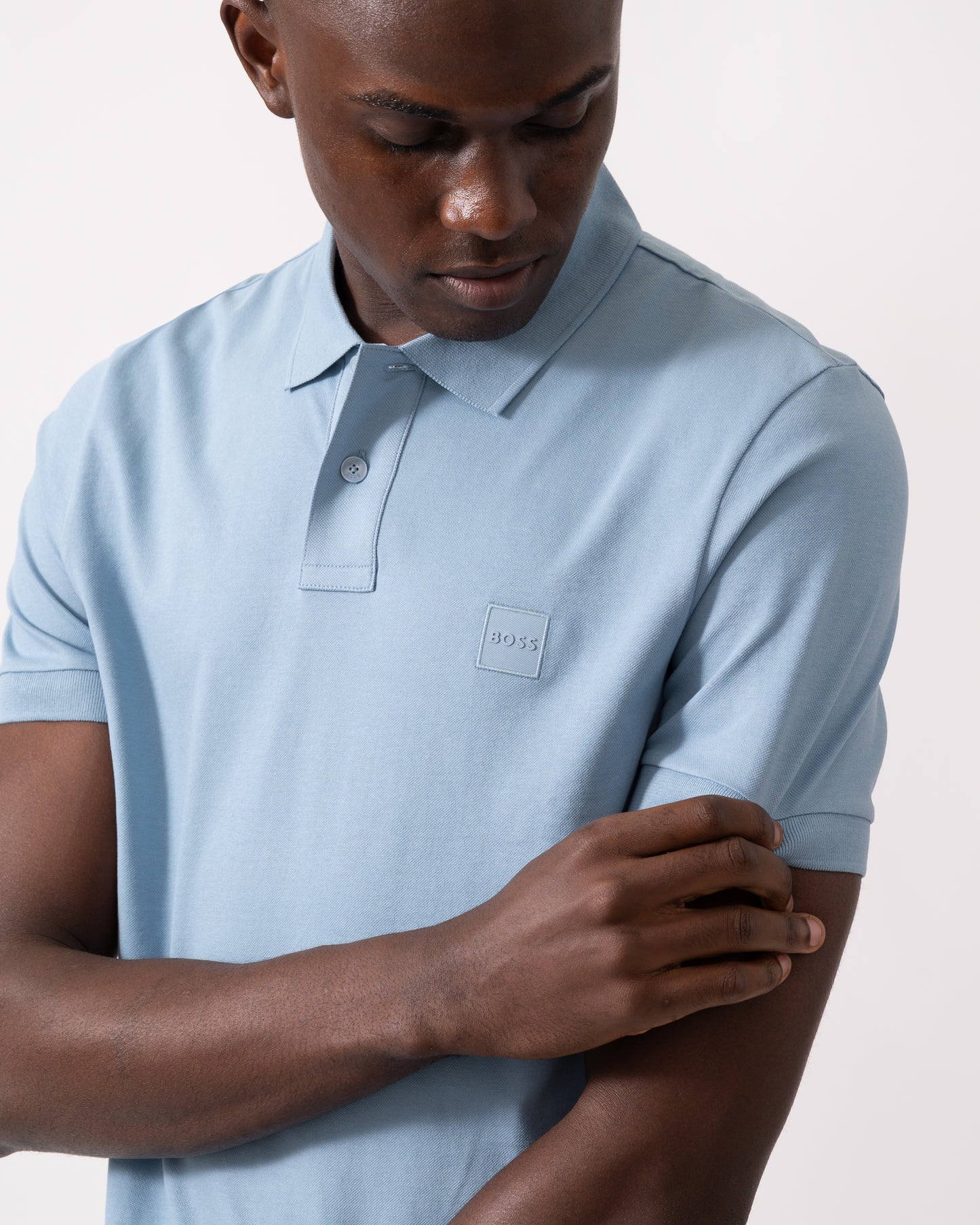 BOSS Orange Passenger Mens Stretch-Cotton Slim-Fit Polo Shirt with Logo Patch - Light/Pastel Blue 451