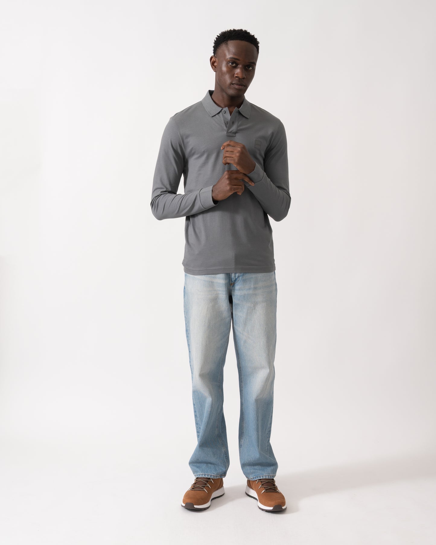 BOSS Orange Passerby Mens Long Sleeve Stretch-Cotton Polo Shirt with Logo Patch - Open Grey 062