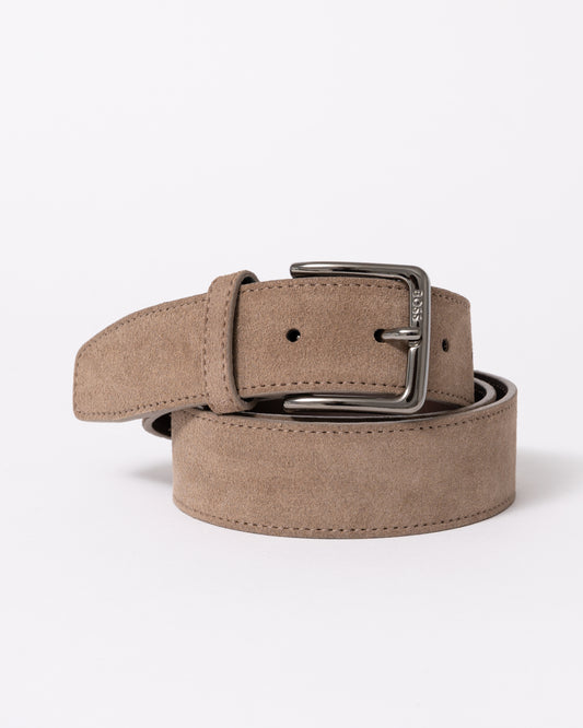 BOSS Orange Ronnie Mens Suede Belt with Logo-Engraved Gunmetal Buckle - Medium Beige 261