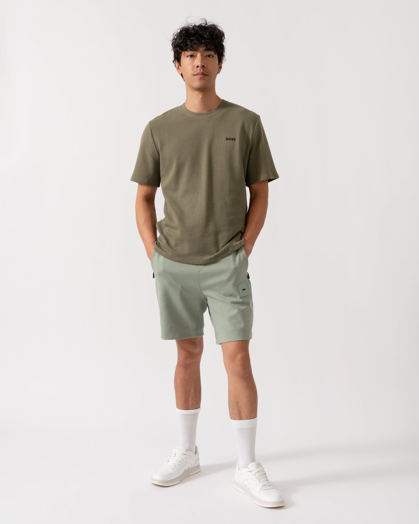 BOSS Orange Waffle Mens Cotton-Blend Pyjama T-Shirt with Embroidered Logo - Open Green 349