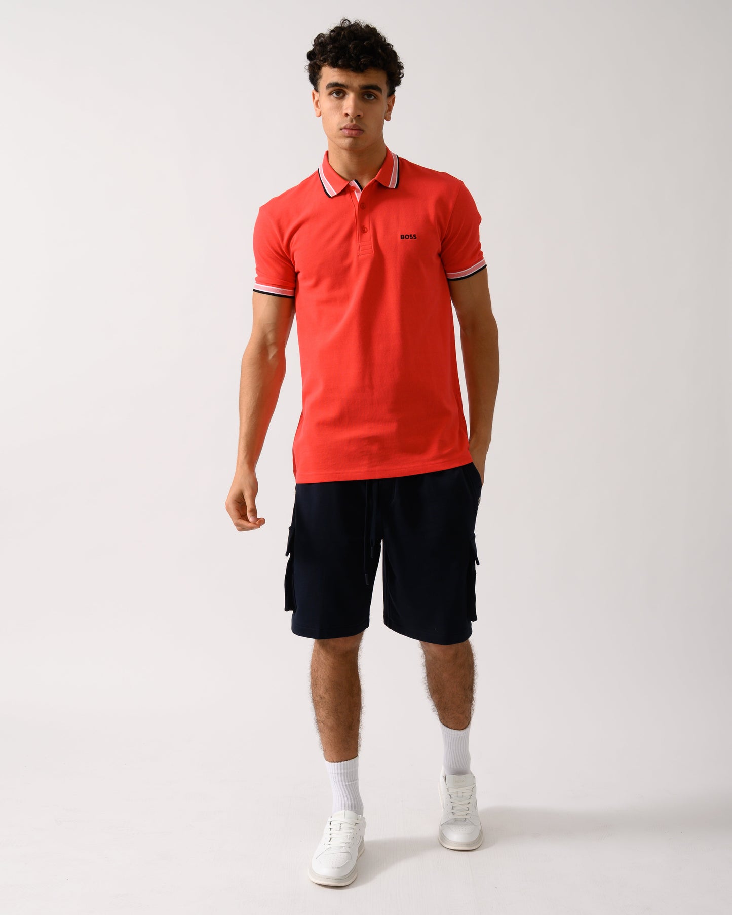 BOSS Green Paddy Mens Cotton-Piqué Polo Shirt with Contrast Logo - Open Red 641