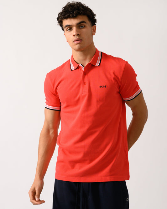 BOSS Green Paddy Mens Cotton-Piqué Polo Shirt with Contrast Logo - Open Red 641