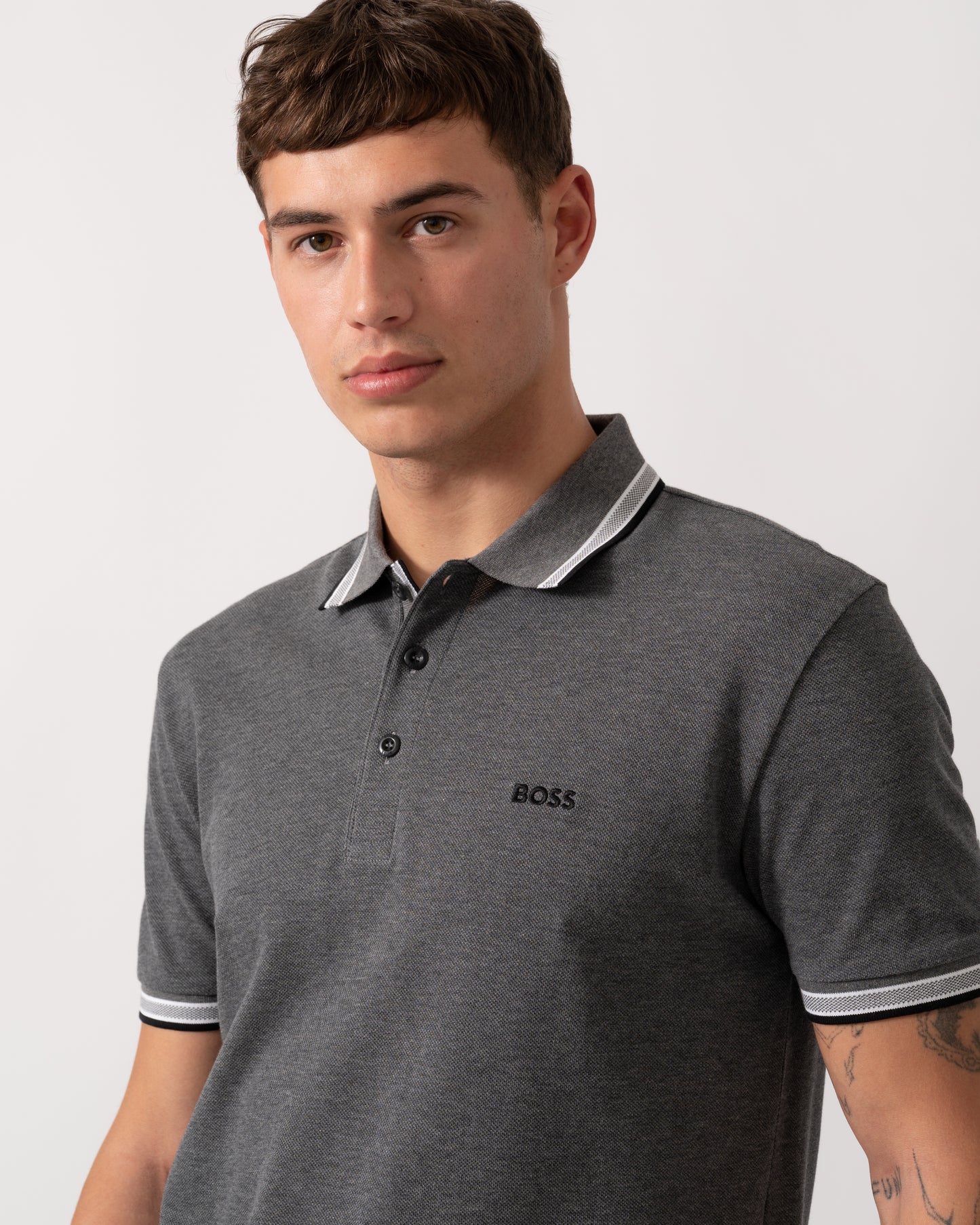 BOSS Green Paddy Mens Cotton-Piqué Polo Shirt with Contrast Logo - Medium Grey 034