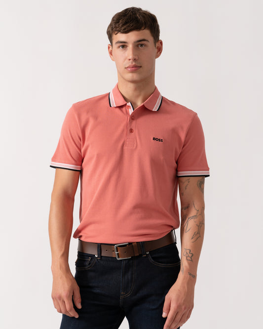 BOSS Green Paddy Mens Cotton-Piqué Polo Shirt with Contrast Logo - Medium Pink 667