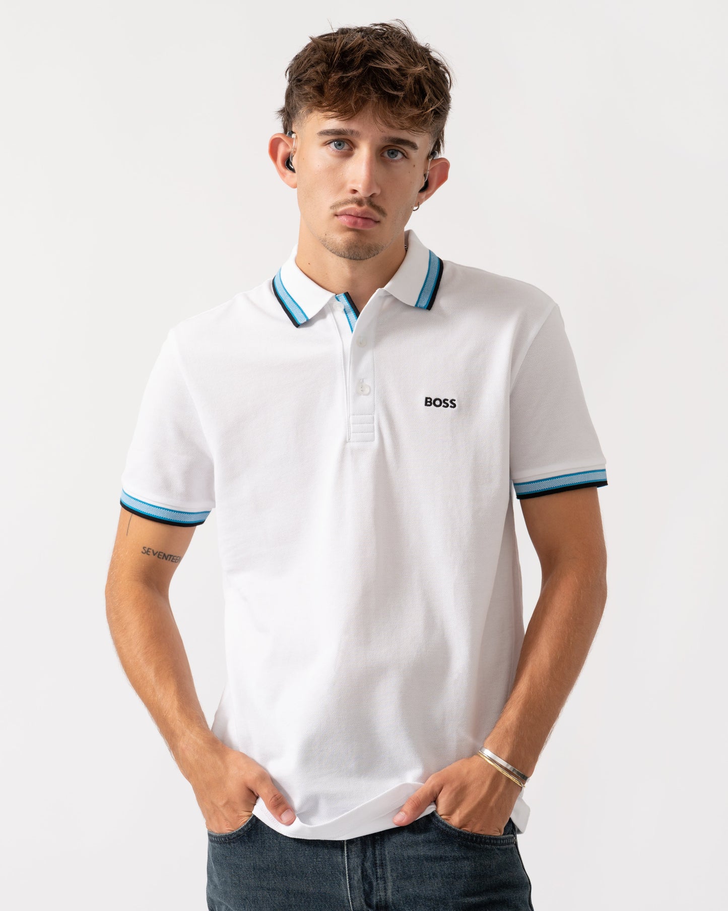 BOSS Green Paddy Mens Cotton-Piqué Polo Shirt with Contrast Logo - Open White 113
