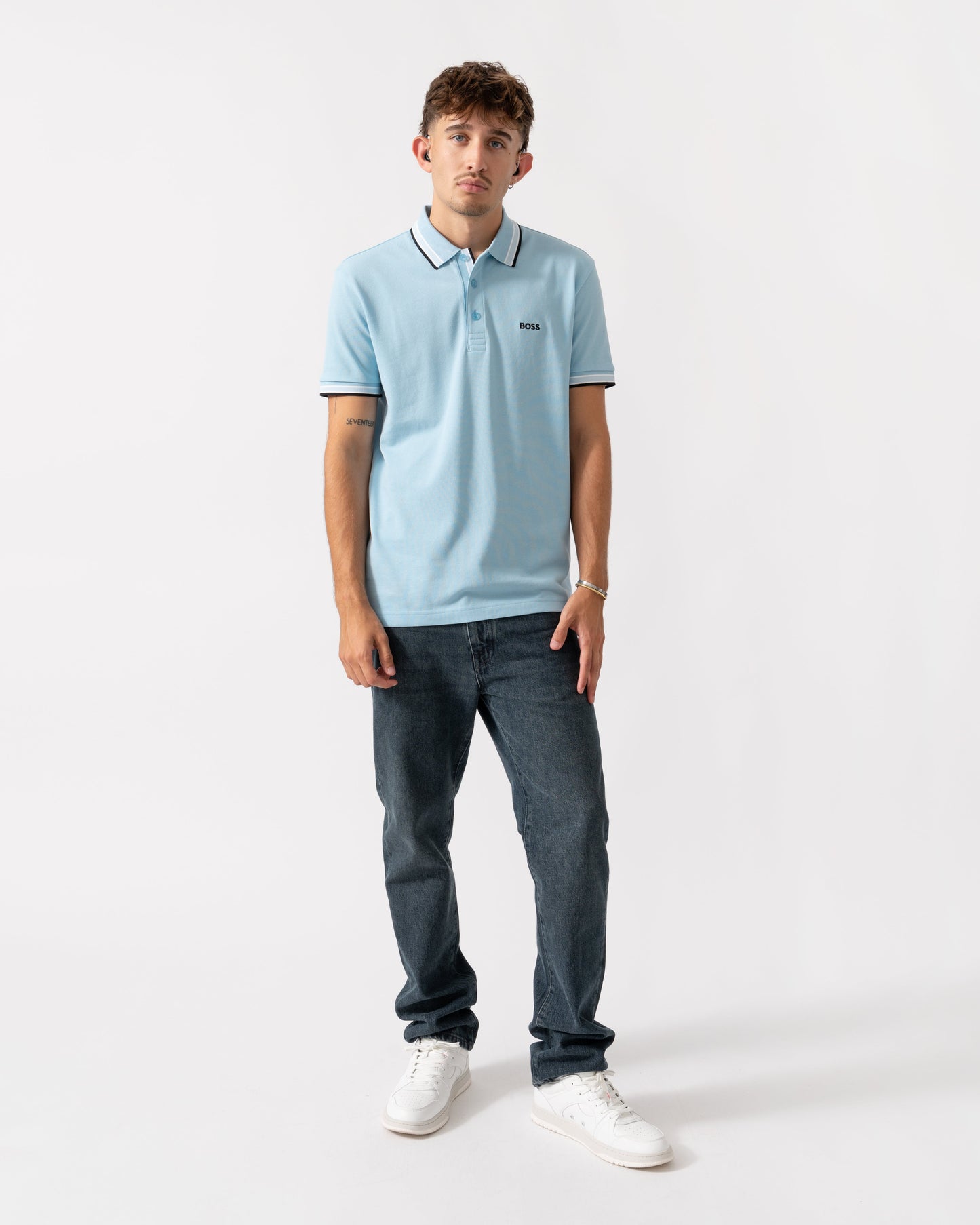 BOSS Green Paddy Mens Cotton-Piqué Polo Shirt with Contrast Logo - Light/Pastel Blue 455