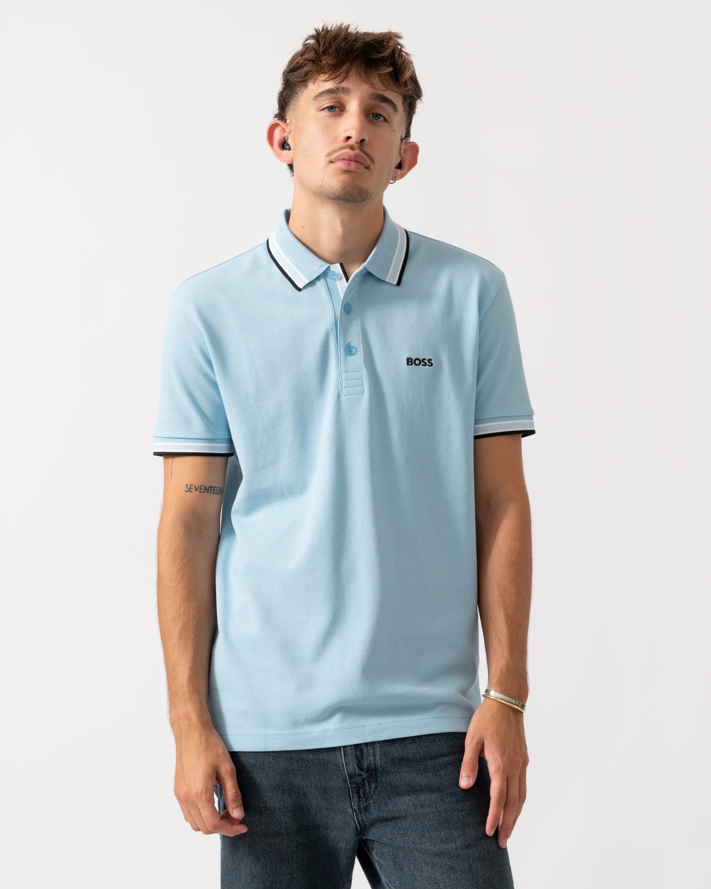 BOSS Green Paddy Mens Cotton-Piqué Polo Shirt with Contrast Logo - Light/Pastel Blue 455