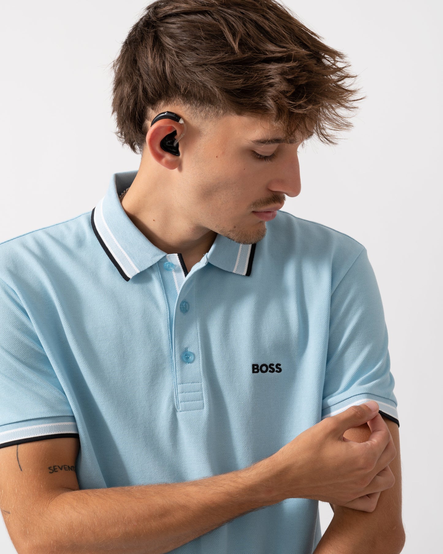 BOSS Green Paddy Mens Cotton-Piqué Polo Shirt with Contrast Logo - Light/Pastel Blue 455