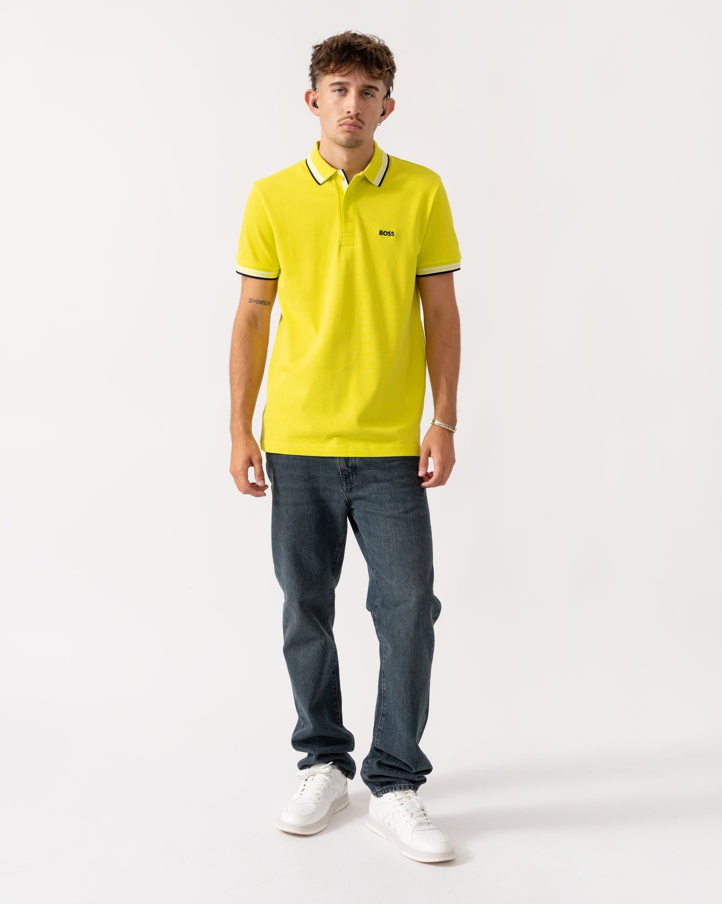 BOSS Green Paddy Mens Cotton-Piqué Polo Shirt with Contrast Logo - Bright Yellow 732