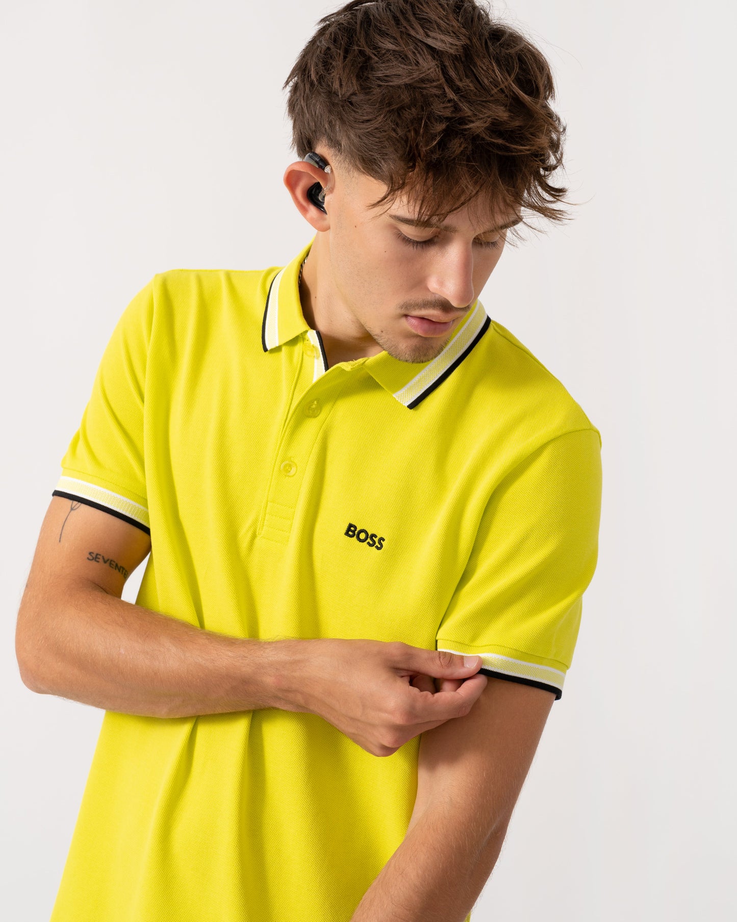 BOSS Green Paddy Mens Cotton-Piqué Polo Shirt with Contrast Logo - Bright Yellow 732