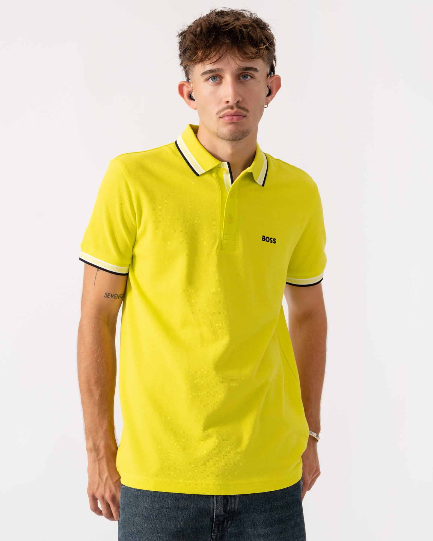 BOSS Green Paddy Mens Cotton-Piqué Polo Shirt with Contrast Logo - Bright Yellow 732