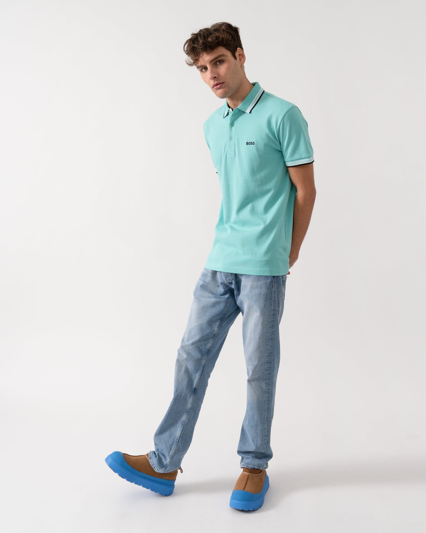 BOSS Green Paddy Mens Cotton-Piqué Polo Shirt with Contrast Logo - Turquoise 255