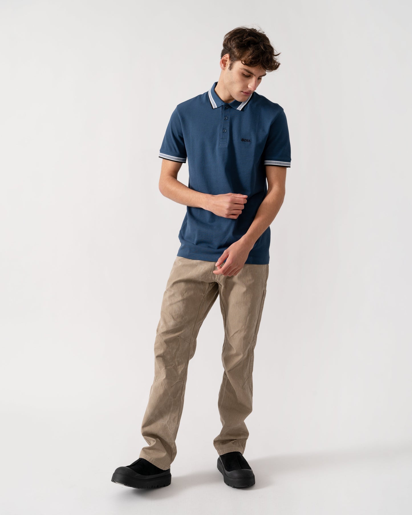 BOSS Green Paddy Mens Cotton-Piqué Polo Shirt with Contrast Logo - Medium Blue 425