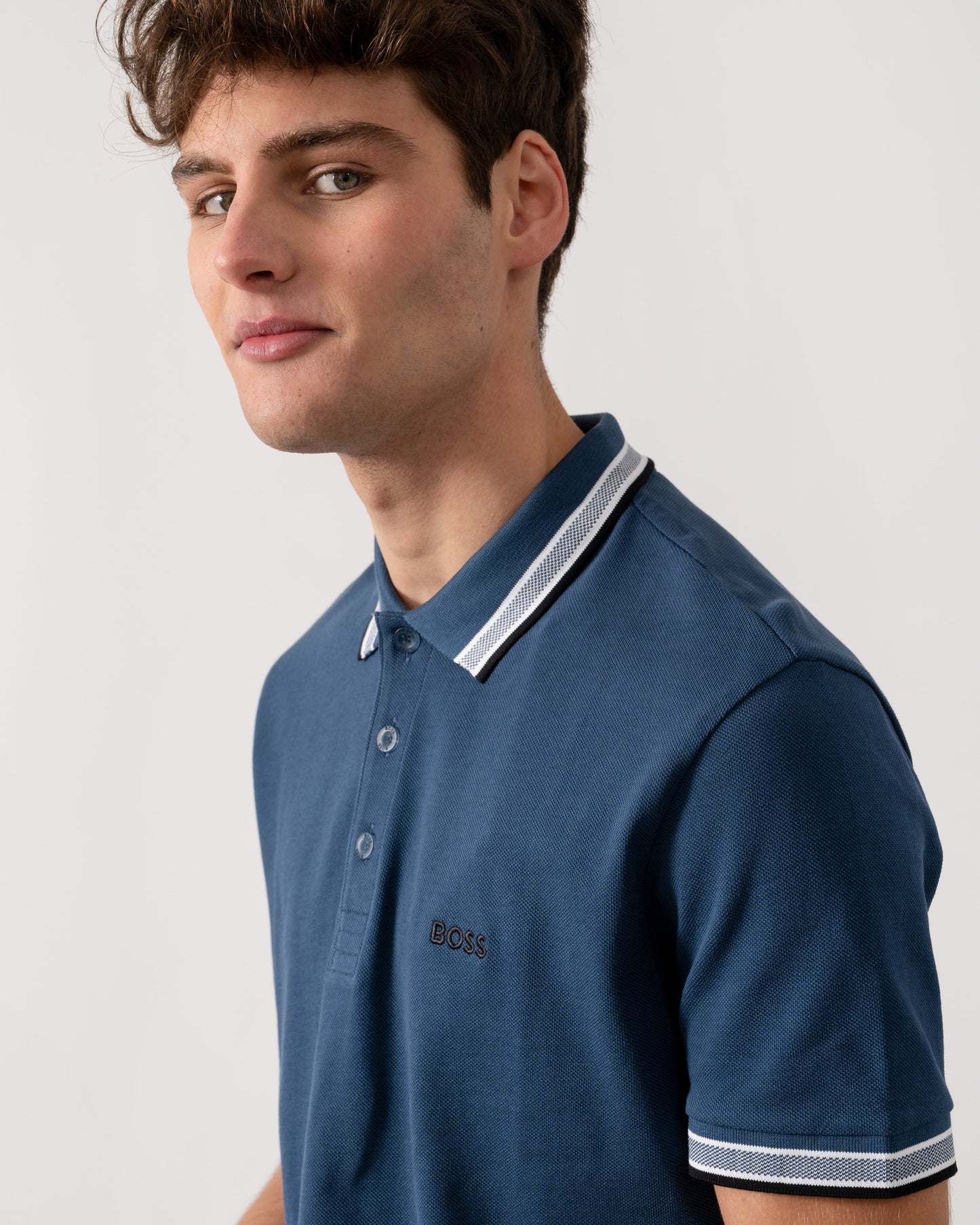BOSS Green Paddy Mens Cotton-Piqué Polo Shirt with Contrast Logo - Medium Blue 425