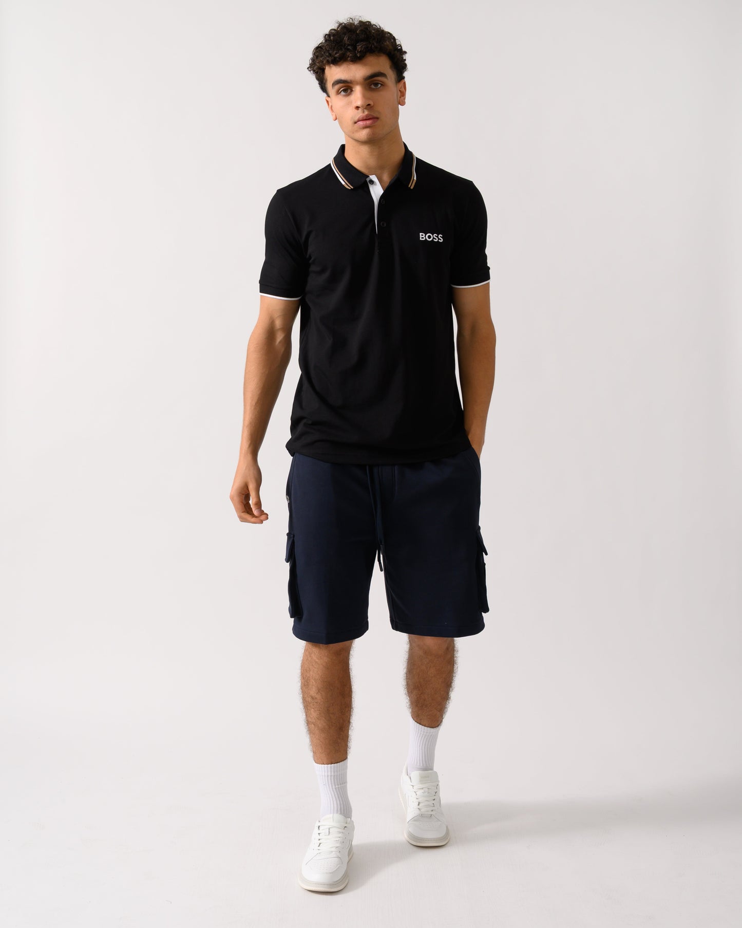 BOSS Green Paddy Pro Mens Cotton Blend Polo Shirt With Contrast Logos NOS - Black 002