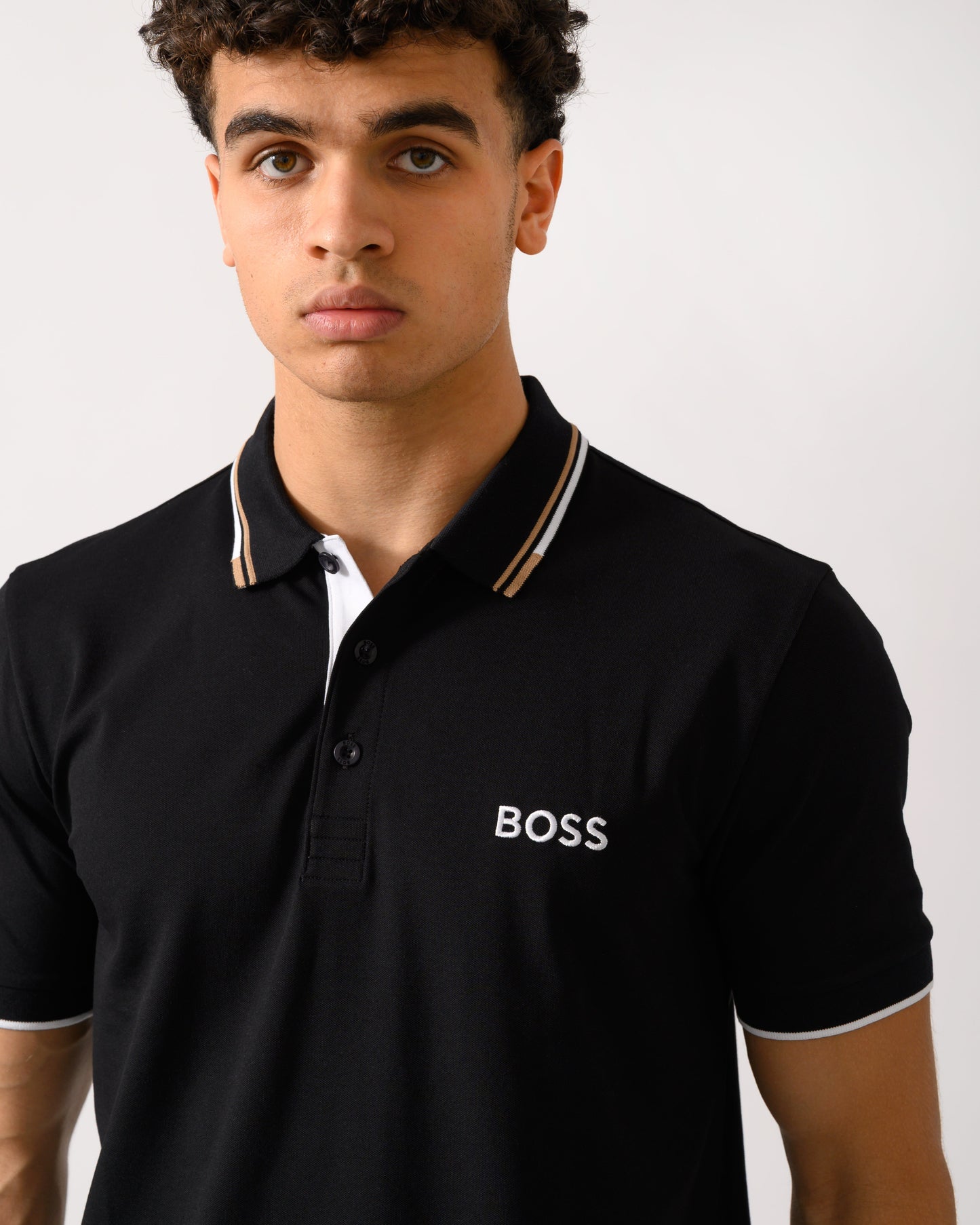 BOSS Green Paddy Pro Mens Cotton Blend Polo Shirt With Contrast Logos NOS - Black 002