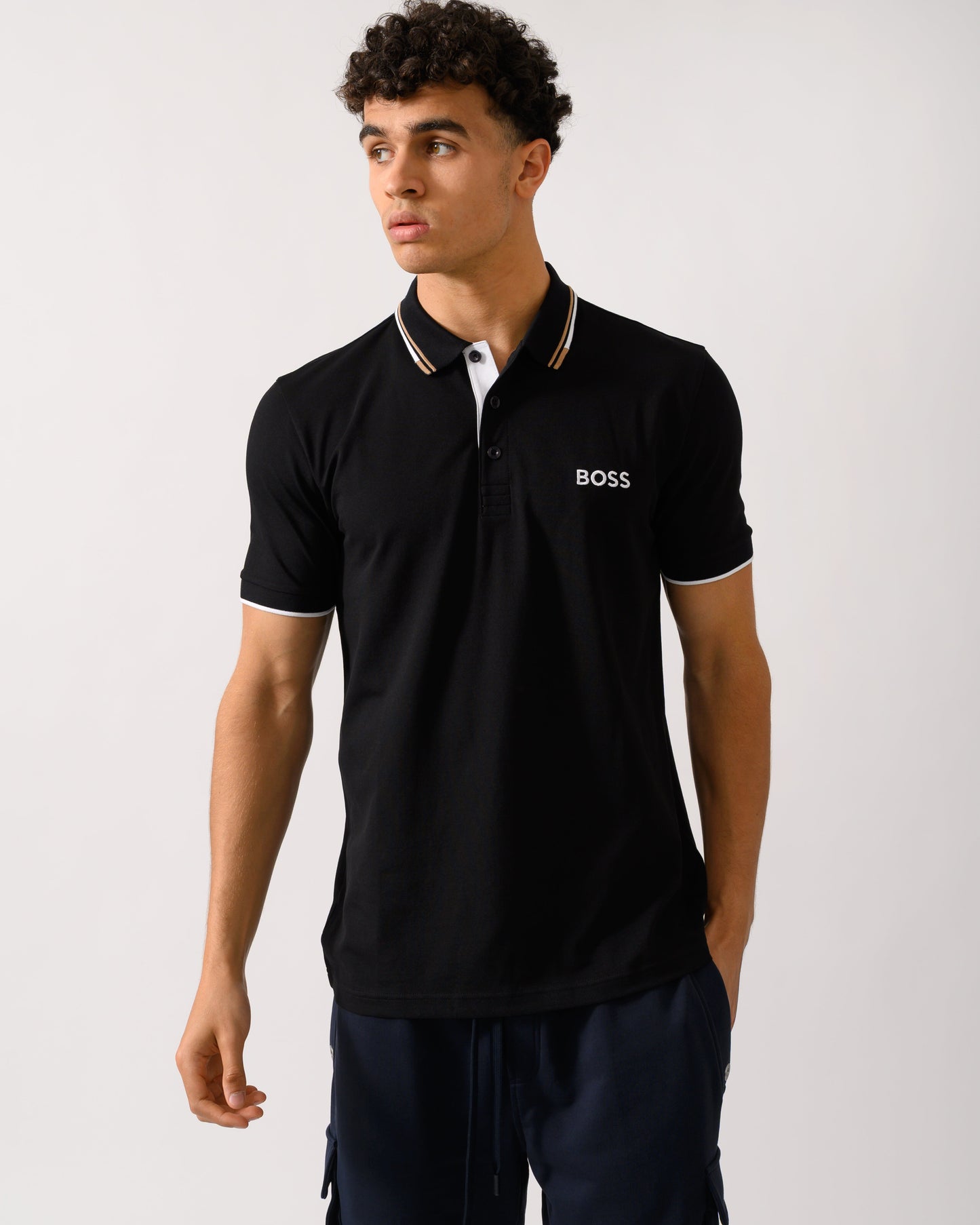 BOSS Green Paddy Pro Mens Cotton Blend Polo Shirt With Contrast Logos NOS - Black 002