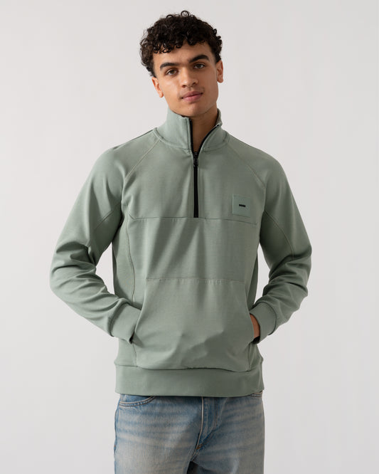 BOSS Green Sweat Rib Mens Half Zip Sweatshirt - Open Green 357