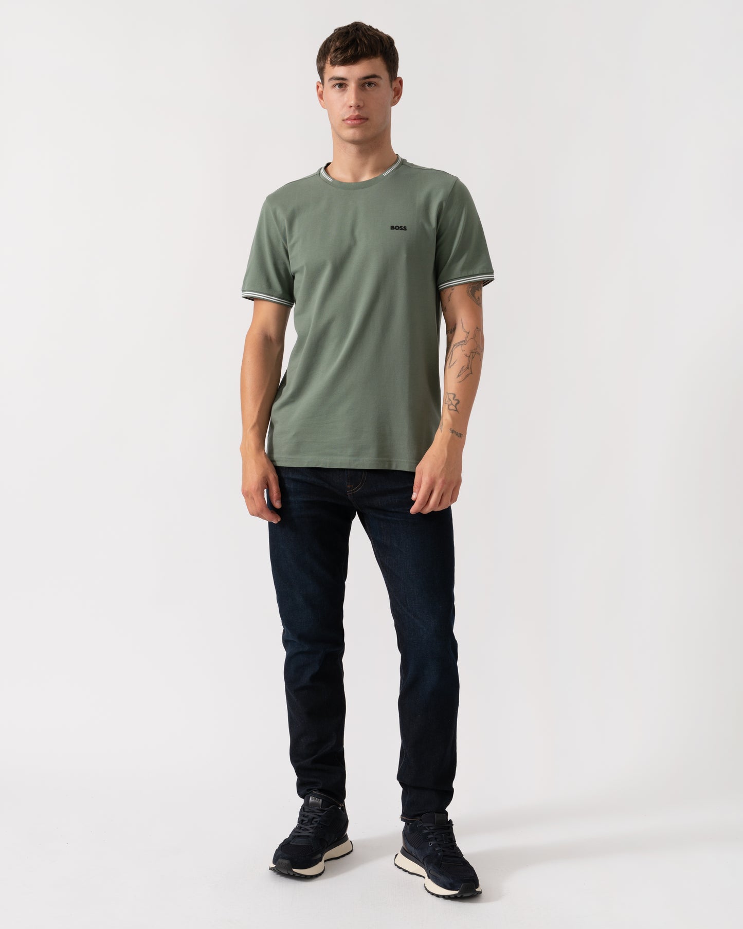 BOSS Green Taul Mens Stretch-Cotton T-Shirt with Stripes and Logo - Open Green 358