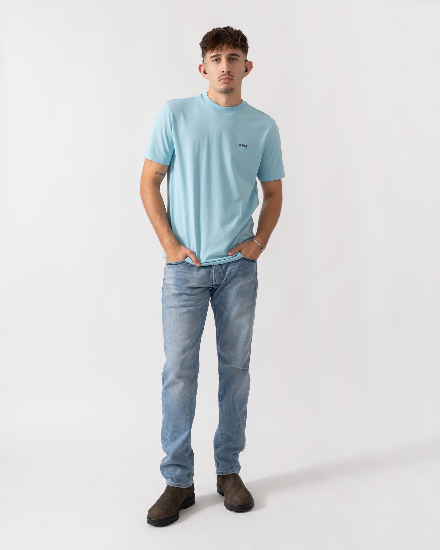 BOSS Green Tee Mens Stretch Cotton T-Shirt with Contrast Logo - Light/Pastel Blue 455