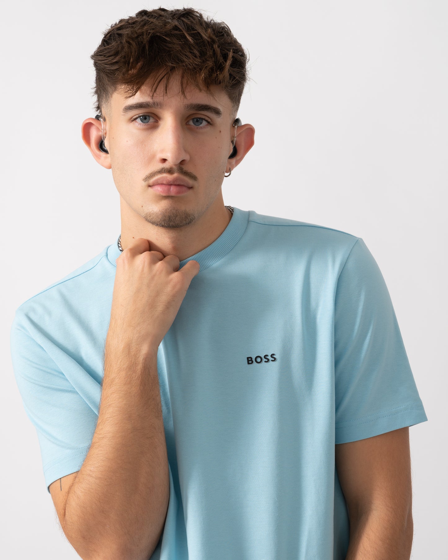 BOSS Green Tee Mens Stretch Cotton T-Shirt with Contrast Logo - Light/Pastel Blue 455
