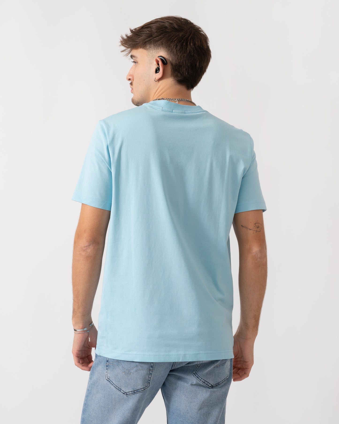 BOSS Green Tee Mens Stretch Cotton T-Shirt with Contrast Logo - Light/Pastel Blue 455