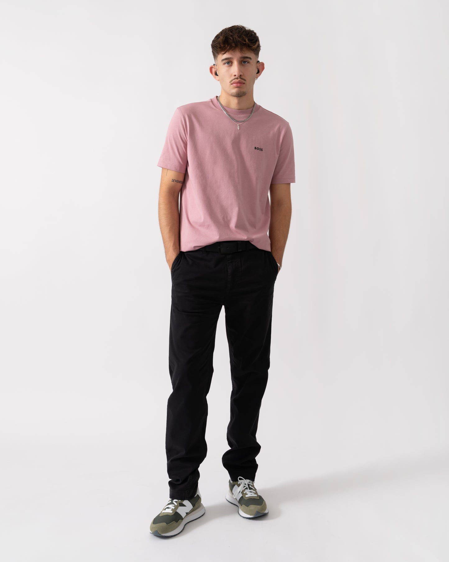 BOSS Green Tee Mens Stretch Cotton T-Shirt with Contrast Logo - Open Pink 696