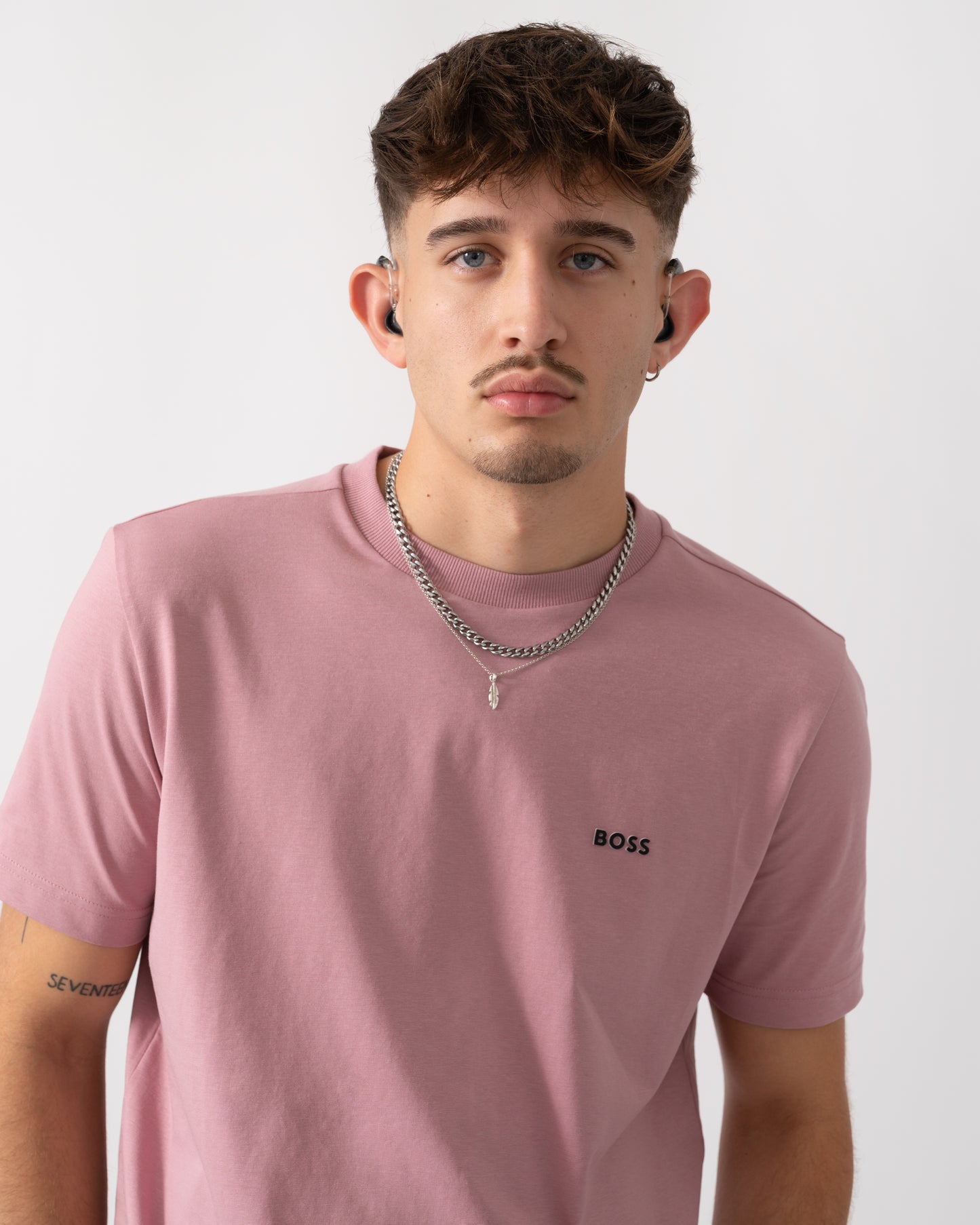 BOSS Green Tee Mens Stretch Cotton T-Shirt with Contrast Logo - Open Pink 696