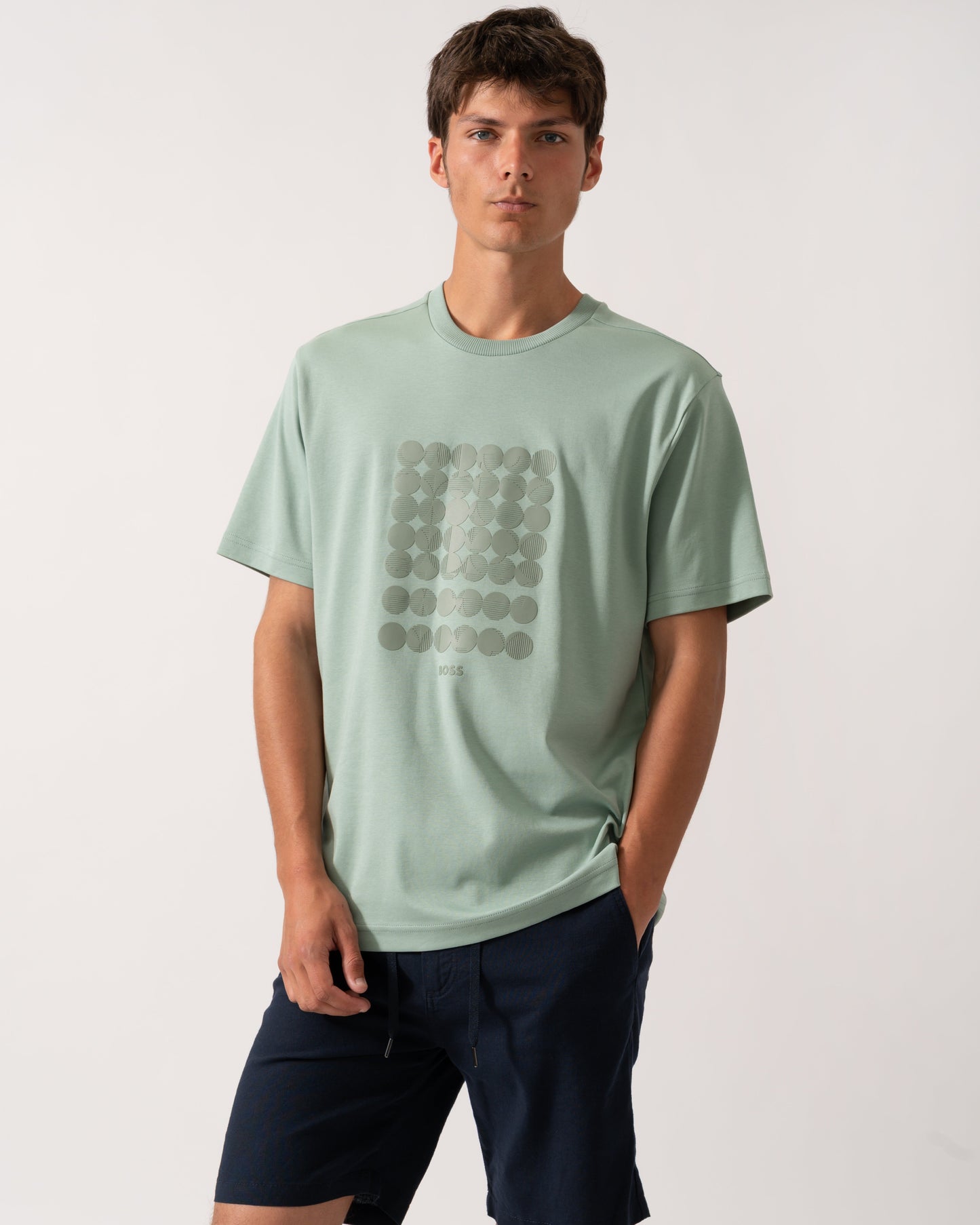 BOSS Green Tee Mens Interlock-Cotton T-Shirt with Circle Artwork - Open Green 357