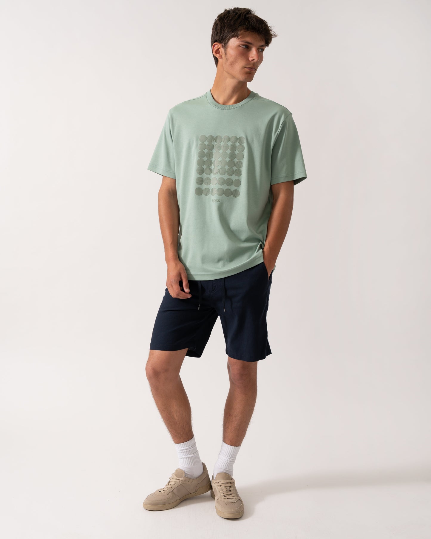 BOSS Green Tee Mens Interlock-Cotton T-Shirt with Circle Artwork - Open Green 357