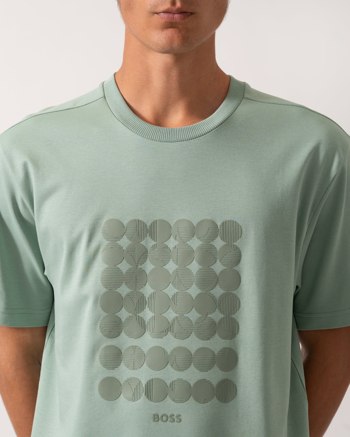 BOSS Green Tee Mens Interlock-Cotton T-Shirt with Circle Artwork - Open Green 357