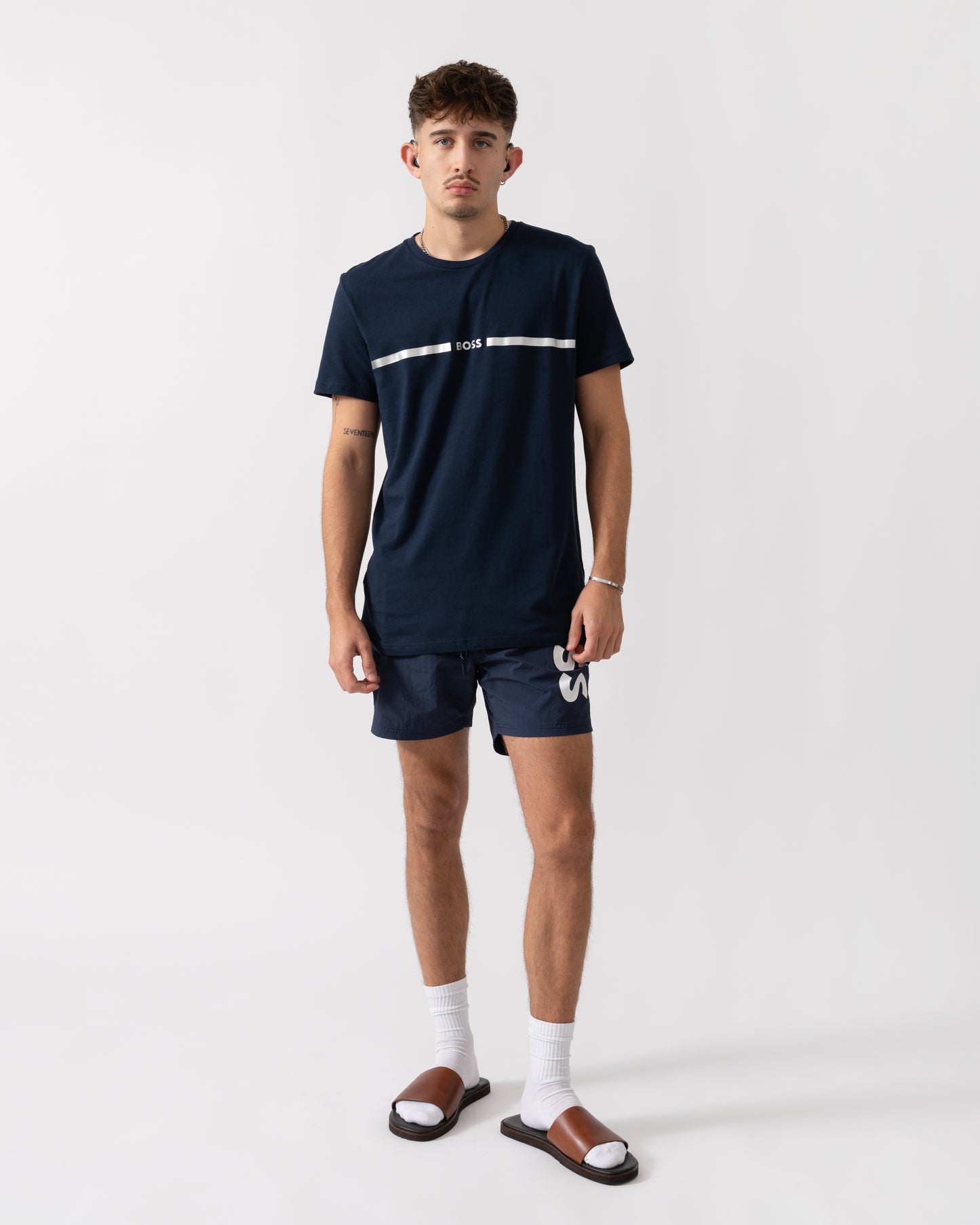 BOSS Orange Mens Metallic Stripe Logo T-Shirt - Navy 412