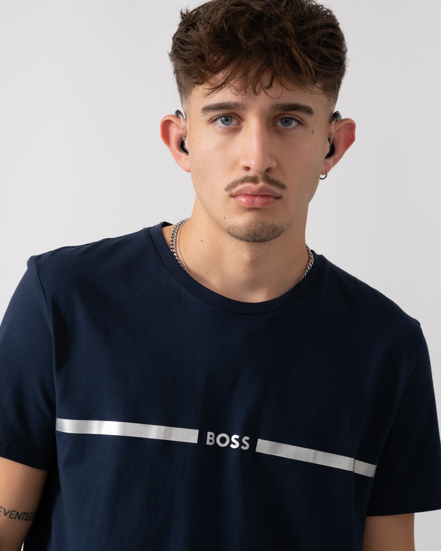BOSS Orange Mens Metallic Stripe Logo T-Shirt - Navy 412